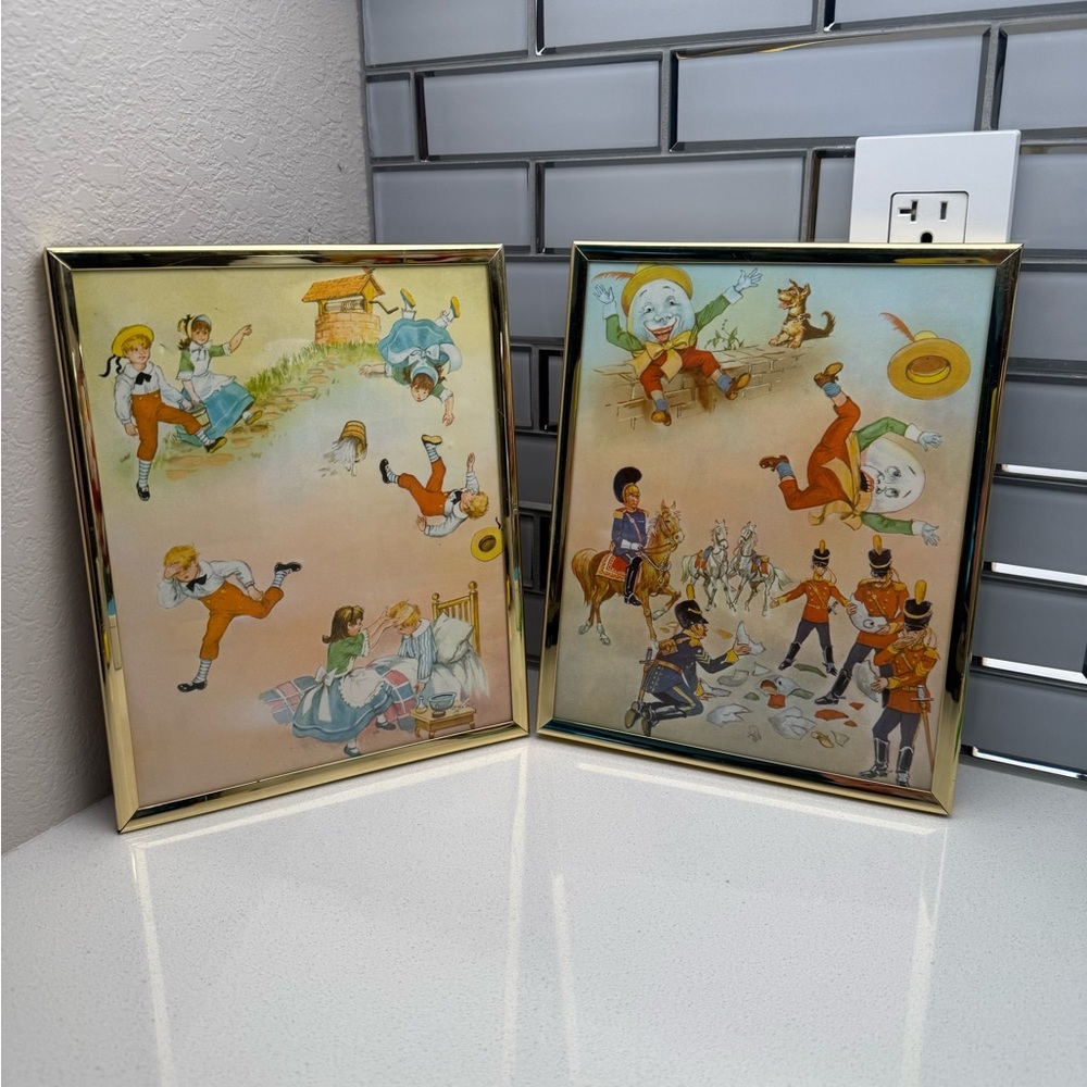Vintage Nursery Rhyme Framed Decor Jack and Jill Humpty Dumpty Baby Retro Brass - Picture 2 of 14